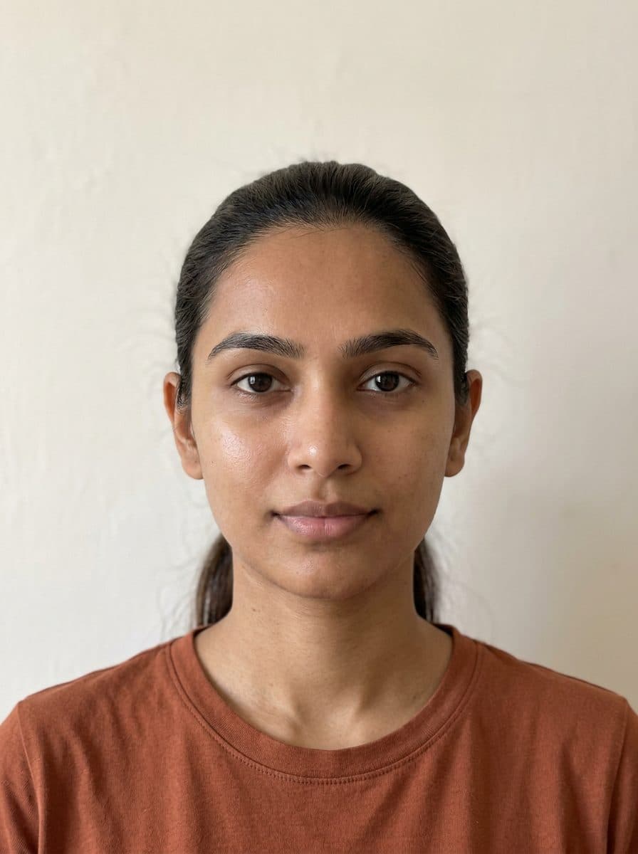 An AI-generated example portrait with the detected landmarks, facial midline and thirds drawn over it